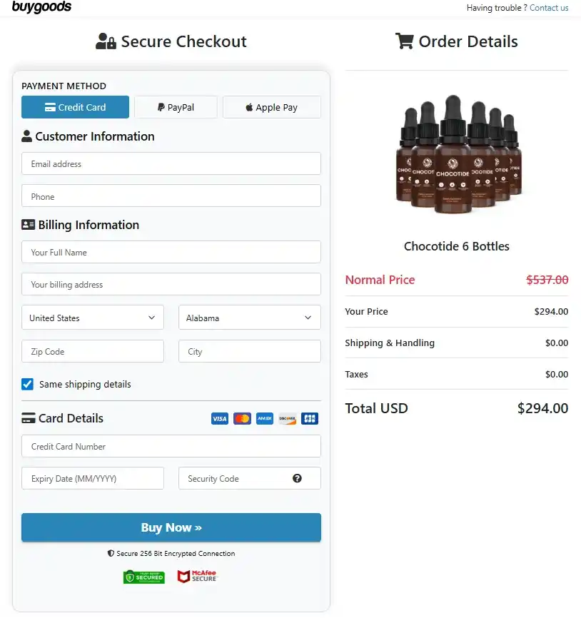 ChocoTide Secure Order Page Screenshot